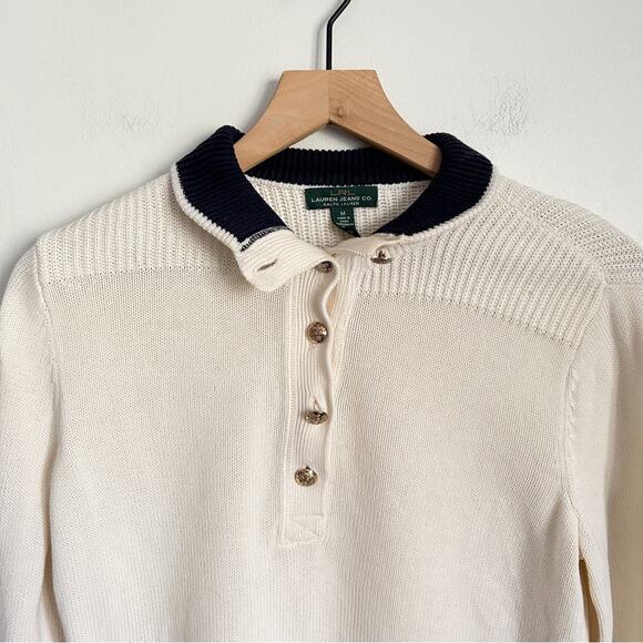 Ralph Lauren Quarter Button Patch Pullover Sweater Cream Size M - Picture 2 of 8